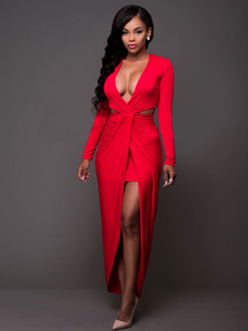 Robe de club fabuleuse en fibres de coton rouge irrégulier unicolore creusé effet décolleté