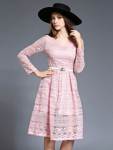 Vintage Style dentelle robe roses femmes de manches longues Illusion ceinturée robe patineuse