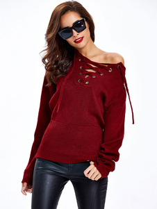 Populaire pull-over féminin mode abricot unicolore creusé à ceinture coulissante manches longues