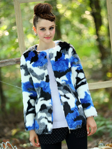 Camouflage bleu de la fausse fourrure veste femme imprimé veste hiver col rond