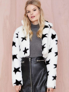 Fausse fourrure manches longues Stand collier du blanc manteau d’hiver femme Stars modèle à poil cou