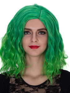 Perruques de cheveux féminines Halloween Perruques vert épaule ondulées longueur côté séparation