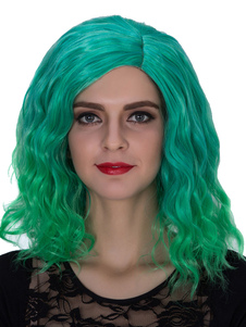 Perruques vert Ombre ondulés épaule longueur côté séparation perruques de cheveux féminines Hallowee