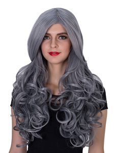 Gris Halloween Perruques perruques de cheveux humains de raie sur le côté synthétique Long bouclés f
