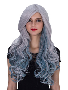 Perruques Halloween féminin gris Long bouclés perruques de cheveux synthétique mettant en évidence