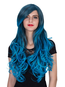 Halloween perruques longues perruques de cheveux des femmes bleu Ombre bouclés avec frange balayée p