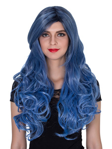 Perruques bleu Long synthétiques cheveux bouclés perruques de la femme Halloween