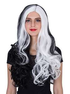 Femmes Halloween Perruques côté blanc noir Long bouclés Parting perruques de cheveux humains féminin