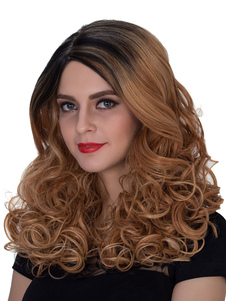 Perruques Halloween féminines brun raie synthétiques de cheveux sur le côté Long bouclés Ombre