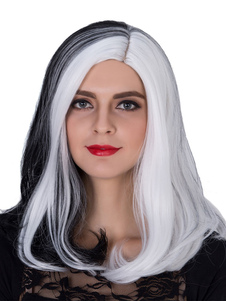 Halloween perruques longues épreuves féminines bouclés raie synthétiques de cheveux sur le côté blan