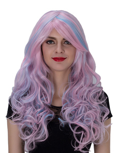 Halloween perruques longues rose femme mise en surbrillance de bouclés raie synthétiques de cheveux 