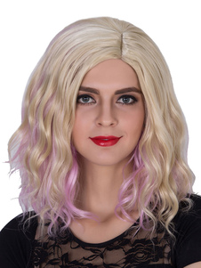 Perruques de cheveux féminines Halloween Perruques épaule ondulées or rose longueur côté séparation