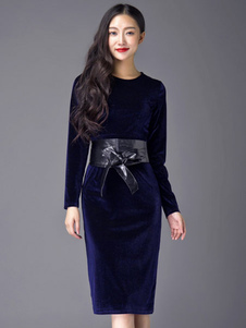 Robe Maxi velours Bourgogne femmes autour de cou robe de fourreau à manches longues avec ceinture