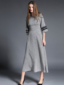 Robe longue gris en polyester unicolore plissé avec poches col rond