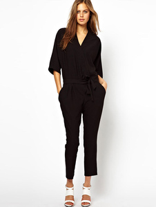 Fascinante combinaison pour femme mode noire unicolore avec ceinture de fête