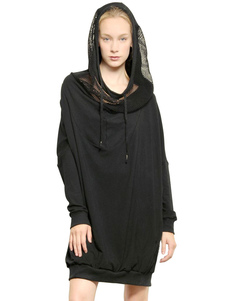 Robe éblouissante droite casual en coton mélangé noir unicolore à capuche