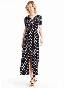 Robe longue noir en chiffon unicolore fendu col V