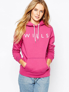 Pull sportwear en coton mélangé fuchsia imprimé lettres avec cordon à capuche