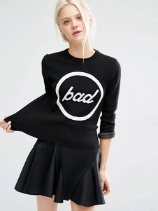 Pull sportwear en coton mélangé noir imprimé lettres col rond