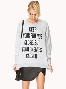 Pull sportwear en coton mélangé gris imprimé lettres col rond