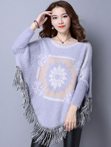 Adorable pull féminin casual blanc impression et frange irrégulier manches longues