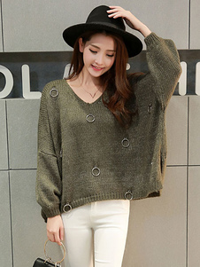 Doux pull pour femme casual noir unicolore et bouton manches chauve-souris manches longues