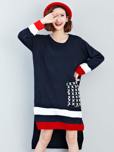 Populaire robe pull casual unicolore creusé coupe asymétrique col rond plein air