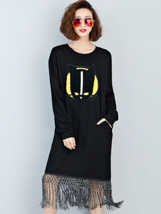 Charmante robe droite casual en coton noir impression avec frange col rond