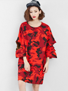 Décalage vers le rouge robe Camo Jewel impression 3/4 longueur manches coton Casual robe pour femmes