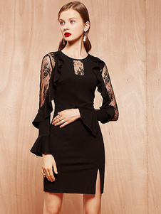 Populaire robe bodycon en romanknit noir col rond unicolore avec dentelle fendu
