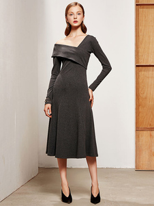 Magnifique robe pull Longueur cheville casual gris foncée unicolore coupe asymétrique avec col asymé