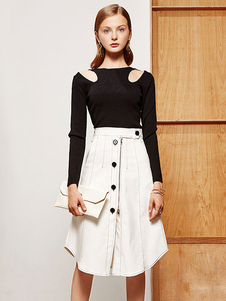 Charmant pull pour femme casual noir unicolore creusé vêtements journaliers manches longues