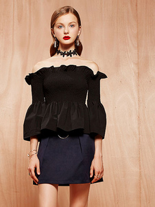 Blouse belle casual en polyester noir unicolore plissé vêtements journaliers