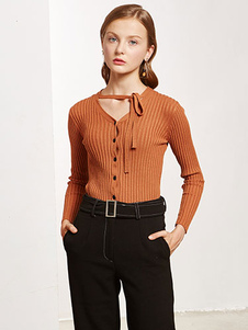 Doux pull pour femme casual havane unicolore avec lacets moulant manches longues