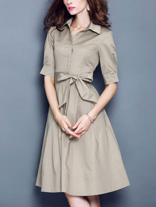 Fabuleuse robe skater mode en polyester unicolore avec lacets col large