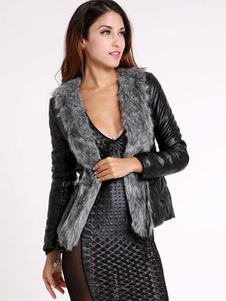 Magnétique manteau femme en PU noir unicolore en fausse fourrure vêtements journaliers thermique