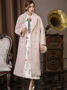 Charmant manteau femme synthétique rose unicolore avec poches thermique revers cranté