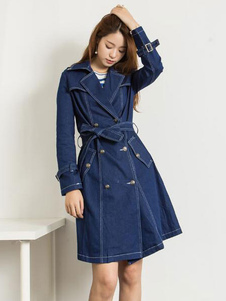 Attrayant manteau d'hiver femme en denim bleu unicolore avec lacets vêtements journaliers revers cra