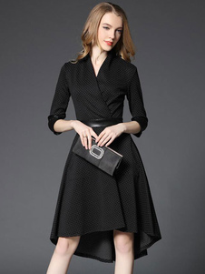 Charmante robe vintage mode à pois PU devant court et derrière long col V