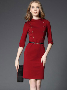 Charmante robe bodycon en nylon col ras du cou unicolore avec bouton moulant