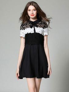Manches courtes chemise noire robe dentelle Patchwork couleur bloc femmes plissée robe patineuse