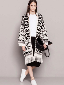 Cardigan féminin bohémien noir imprimé géométrique avec frange vêtements journaliers manches longues