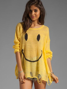 Populaire pull-over féminin mode jaune imprimé de dessins animés creusé manches longues