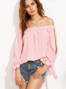 Blouse belle casual en chiffon rose unicolore avec lacets vêtements journaliers