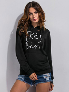 Sweater de sport en coton mélangé noir imprimé lettres avec cordon vêtements journaliers à capuche