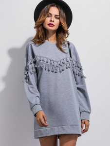 Pull sportwear en coton mélangé gris unicolore avec frange vêtements journaliers col rond