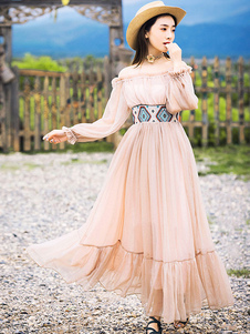 Robe longue rose en chiffon impression plissé à volants hors de l'épaule