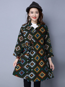 Attrayant manteau d'hiver femme en laine mélangée à carreaux imprimé fleuri surdimensionné col monta