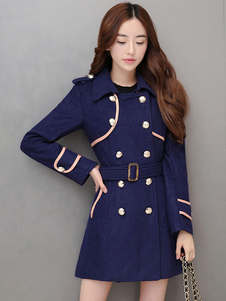 Adorable manteau d'hiver femme en gabardine unicolore avec ceinture ouverture avant col à revers