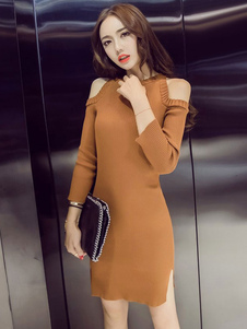 Fascinante robe pull moyenne casual unicolore creusé convenable col rond quotidienne